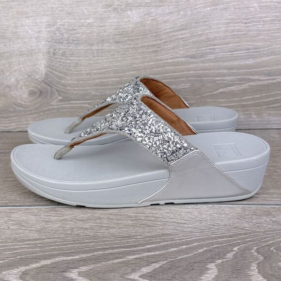 Fitflop LuLu Shimmerfoil Women’s Sz 10 Silver Metallic Thong Platform Sandal NWT - Picture 3 of 10